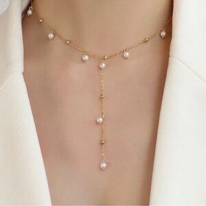 Dainty Faux Pearl Satellite Chain Necklace 18k Gold Plated Y Necklace Gold Ball